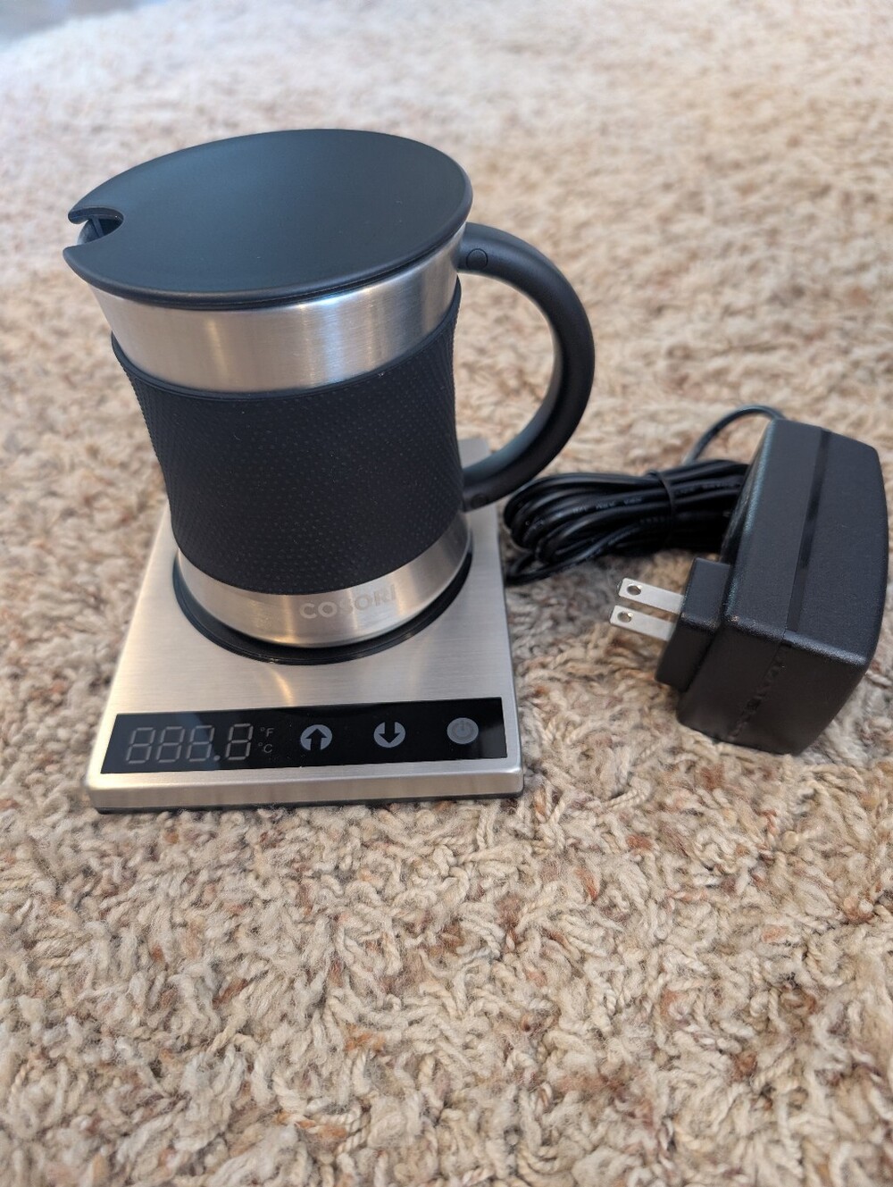Stainless Steel Electric Mug Warmer with Black Silicone Grip